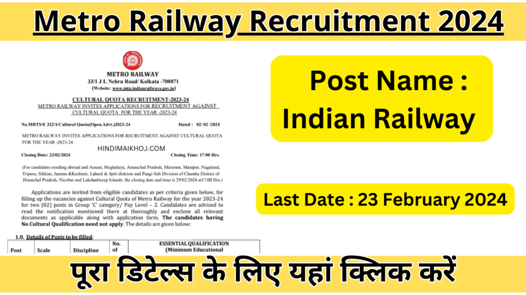 Metro Railway Recruitment 2024
